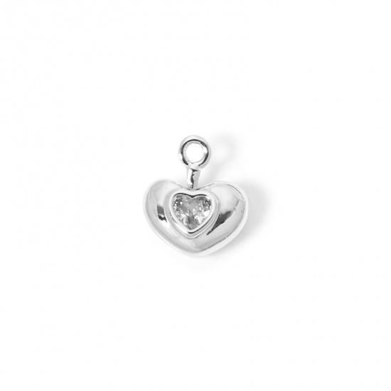 Image de 2 Pcs Breloques La Saint Valentin en Laiton Plaqué Platine Cœur Mini à Zircone Cubique Clair 9.5mm x 8mm