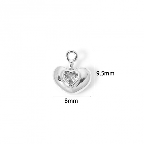 Image de 2 Pcs Breloques La Saint Valentin en Laiton Plaqué Platine Cœur Mini à Zircone Cubique Clair 9.5mm x 8mm