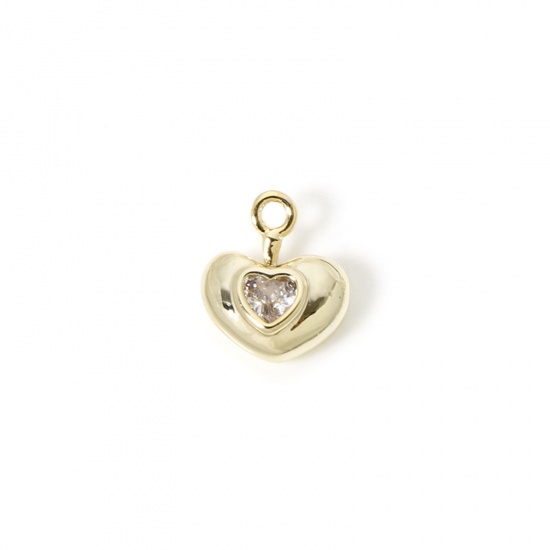 Image de 2 Pcs Breloques La Saint Valentin en Laiton Plaqué Or 18K Cœur Mini à Zircone Cubique Clair 9.5mm x 8mm