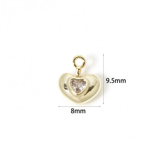 Image de 2 Pcs Breloques La Saint Valentin en Laiton Plaqué Or 18K Cœur Mini à Zircone Cubique Clair 9.5mm x 8mm