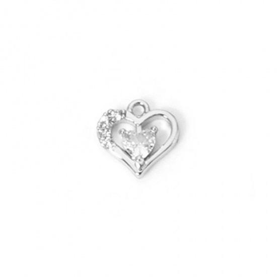 Image de 2 Pcs Breloques La Saint Valentin en Laiton Plaqué Platine Cœur Mini à Zircone Cubique Clair 8mm x 8mm