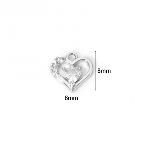 Image de 2 Pcs Breloques La Saint Valentin en Laiton Plaqué Platine Cœur Mini à Zircone Cubique Clair 8mm x 8mm