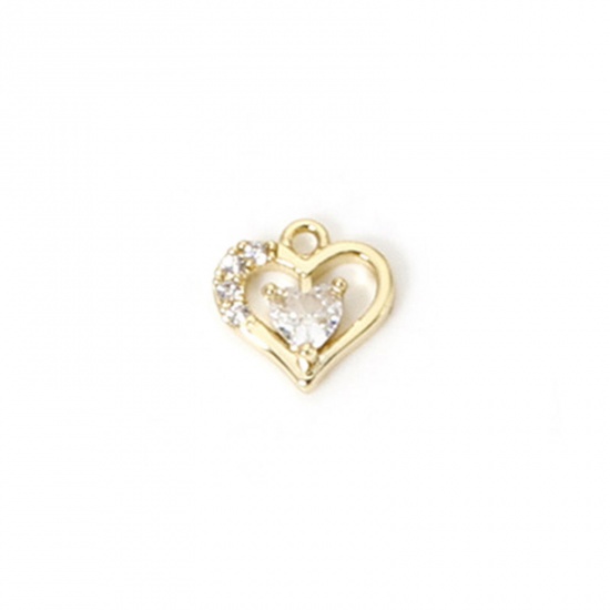 Image de 2 Pcs Breloques La Saint Valentin en Laiton Plaqué Or 18K Cœur Mini à Zircone Cubique Clair 8mm x 8mm