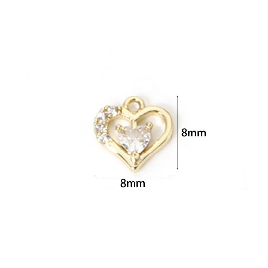 Image de 2 Pcs Breloques La Saint Valentin en Laiton Plaqué Or 18K Cœur Mini à Zircone Cubique Clair 8mm x 8mm