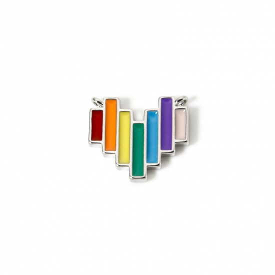 Picture of 2 PCs Brass Valentine's Day Connectors Charms Pendants Platinum Plated Multicolor Heart Stripe Enamel 17mm x 15mm