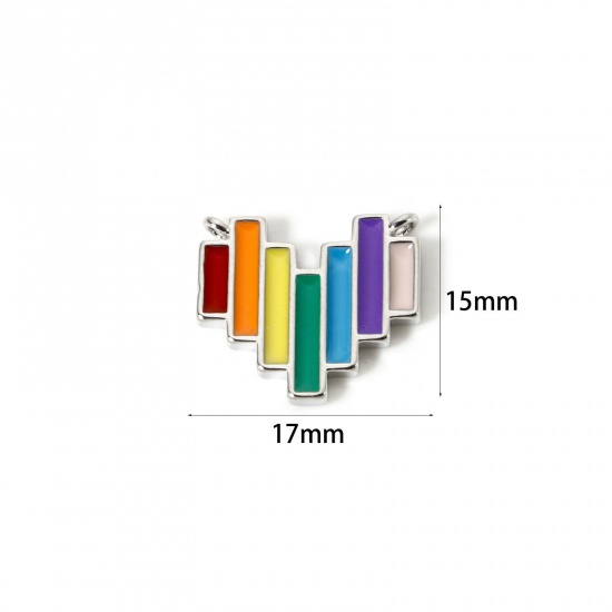 Picture of 2 PCs Brass Valentine's Day Connectors Charms Pendants Platinum Plated Multicolor Heart Stripe Enamel 17mm x 15mm