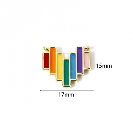 Picture of 2 PCs Brass Valentine's Day Connectors Charms Pendants 18K Gold Plated Multicolor Heart Stripe Enamel 17mm x 15mm