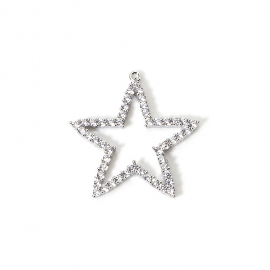 Immagine di 1 Pz Ottone Galassia Ciondoli Pendenti Platino Placcato Stella a Cinque Punte Micro Spianare Trasparente Cubic Zirconiae 30mm x 29mm