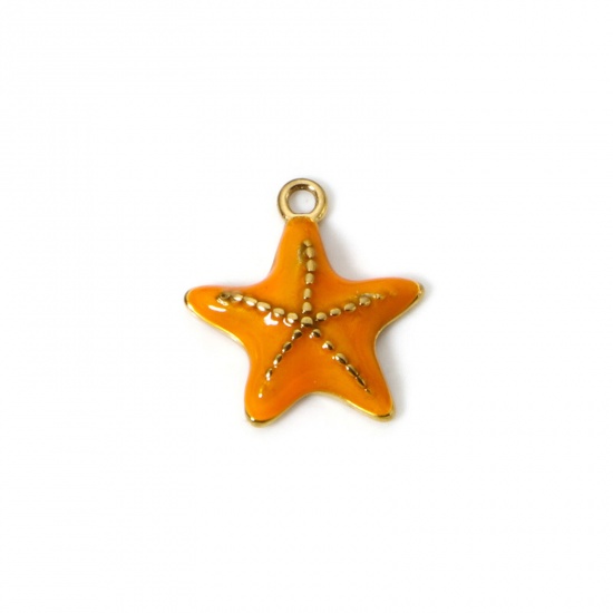 Image de 1 Pièce Breloques en 304 Acier Inoxydable Revêtement sous Vide PVD Respectueux de l'Environnement Bijoux d'Océan Etoile de Mer Plaqué Or Véritable 14K Orange Émail 16mm x 15mm