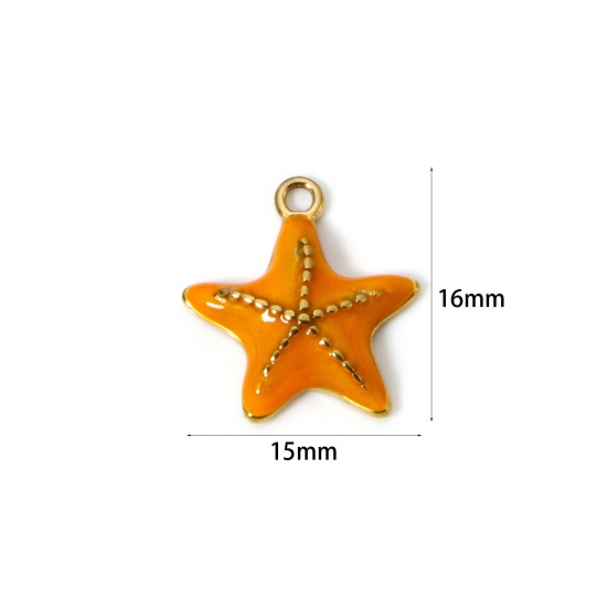 Image de 1 Pièce Breloques en 304 Acier Inoxydable Revêtement sous Vide PVD Respectueux de l'Environnement Bijoux d'Océan Etoile de Mer Plaqué Or Véritable 14K Orange Émail 16mm x 15mm