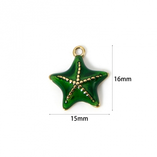 Image de 1 Pièce Breloques en 304 Acier Inoxydable Revêtement sous Vide PVD Respectueux de l'Environnement Bijoux d'Océan Etoile de Mer Plaqué Or Véritable 14K Vert Émail 16mm x 15mm