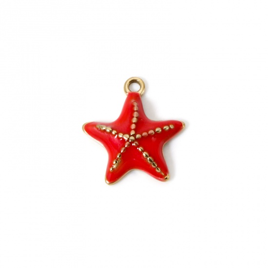 Image de 1 Pièce Breloques en 304 Acier Inoxydable Revêtement sous Vide PVD Respectueux de l'Environnement Bijoux d'Océan Etoile de Mer Plaqué Or Véritable 14K Rouge Pastèque Émail 16mm x 15mm