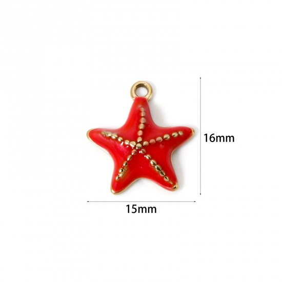 Image de 1 Pièce Breloques en 304 Acier Inoxydable Revêtement sous Vide PVD Respectueux de l'Environnement Bijoux d'Océan Etoile de Mer Plaqué Or Véritable 14K Rouge Pastèque Émail 16mm x 15mm