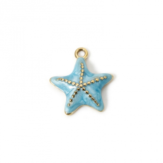 Image de 1 Pièce Breloques en 304 Acier Inoxydable Revêtement sous Vide PVD Respectueux de l'Environnement Bijoux d'Océan Etoile de Mer Plaqué Or Véritable 14K Bleu Clair Émail 16mm x 15mm