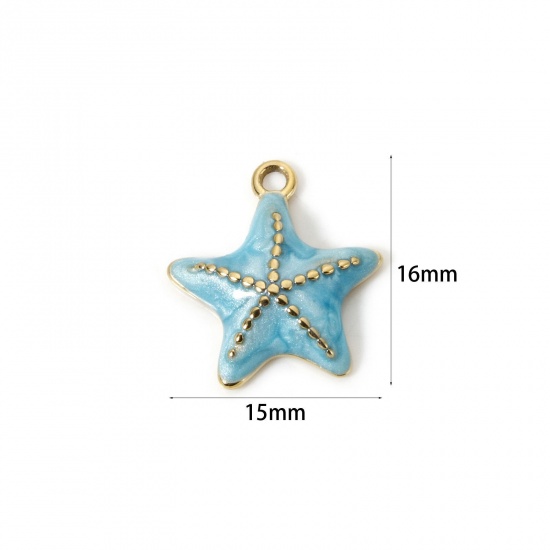 Image de 1 Pièce Breloques en 304 Acier Inoxydable Revêtement sous Vide PVD Respectueux de l'Environnement Bijoux d'Océan Etoile de Mer Plaqué Or Véritable 14K Bleu Clair Émail 16mm x 15mm