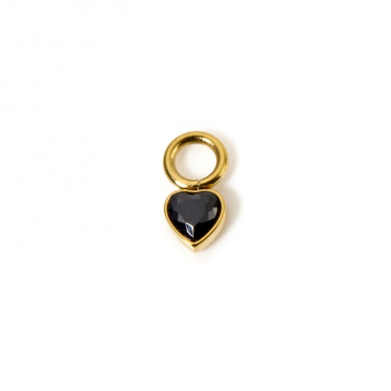 Immagine di 1 Pz Placcatura Sottovuoto PVD Ecologica 304 Acciaio Inossidabile Ciondoli Cuore 14K Vero Oro Placcato Mini Nero Cubic Zirconiae 8mm x 4mm