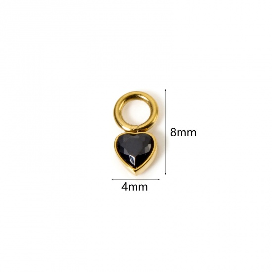 Immagine di 1 Pz Placcatura Sottovuoto PVD Ecologica 304 Acciaio Inossidabile Ciondoli Cuore 14K Vero Oro Placcato Mini Nero Cubic Zirconiae 8mm x 4mm
