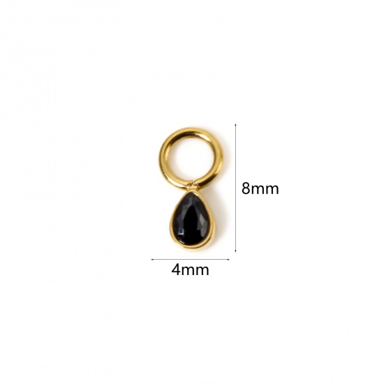 Immagine di 1 Pz Placcatura Sottovuoto PVD Ecologica 304 Acciaio Inossidabile Ciondoli Goccia 14K Vero Oro Placcato Mini Nero Cubic Zirconiae 8mm x 4mm
