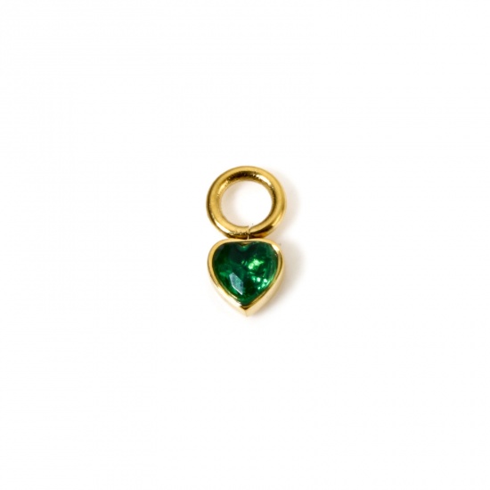 Immagine di 1 Pz Placcatura Sottovuoto PVD Ecologica 304 Acciaio Inossidabile Ciondoli Cuore 14K Vero Oro Placcato Mini Verde Cubic Zirconiae 8mm x 4mm