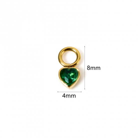Immagine di 1 Pz Placcatura Sottovuoto PVD Ecologica 304 Acciaio Inossidabile Ciondoli Cuore 14K Vero Oro Placcato Mini Verde Cubic Zirconiae 8mm x 4mm