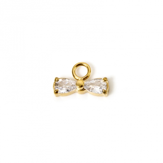 Immagine di 1 Pz Placcatura Sottovuoto PVD Ecologica 304 Acciaio Inossidabile Abiti Ciondoli Cravatta a Farfalla 14K Vero Oro Placcato Mini Trasparente Cubic Zirconiae 11mm x 7mm