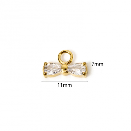 Immagine di 1 Pz Placcatura Sottovuoto PVD Ecologica 304 Acciaio Inossidabile Abiti Ciondoli Cravatta a Farfalla 14K Vero Oro Placcato Mini Trasparente Cubic Zirconiae 11mm x 7mm