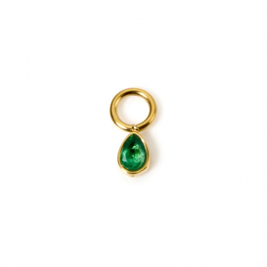 Immagine di 1 Pz Placcatura Sottovuoto PVD Ecologica 304 Acciaio Inossidabile Ciondoli Goccia 14K Vero Oro Placcato Mini Verde Cubic Zirconiae 8mm x 4mm