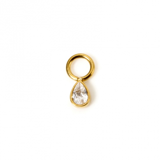 Immagine di 1 Pz Placcatura Sottovuoto PVD Ecologica 304 Acciaio Inossidabile Ciondoli Goccia 14K Vero Oro Placcato Mini Trasparente Cubic Zirconiae 8mm x 4mm