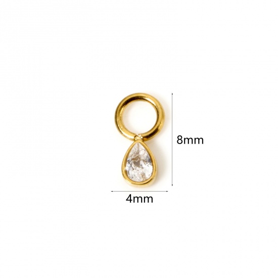 Immagine di 1 Pz Placcatura Sottovuoto PVD Ecologica 304 Acciaio Inossidabile Ciondoli Goccia 14K Vero Oro Placcato Mini Trasparente Cubic Zirconiae 8mm x 4mm