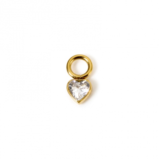 Immagine di 1 Pz Placcatura Sottovuoto PVD Ecologica 304 Acciaio Inossidabile Ciondoli Cuore 14K Vero Oro Placcato Mini Trasparente Cubic Zirconiae 8mm x 4mm