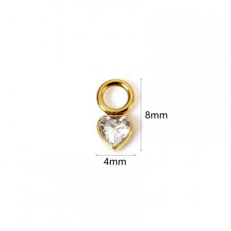 Picture of 1 Piece Eco-friendly PVD Vacuum Plating Waterproof Anti-Tarnish Hypoallergenic 304 Stainless Steel Charms 14K Real Gold Plated Heart Mini Clear Cubic Zirconia 8mm x 4mm