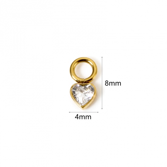 Immagine di 1 Pz Placcatura Sottovuoto PVD Ecologica 304 Acciaio Inossidabile Ciondoli Cuore 14K Vero Oro Placcato Mini Trasparente Cubic Zirconiae 8mm x 4mm