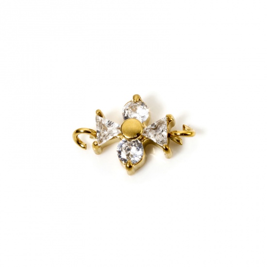 Immagine di 1 Pz Placcatura Sottovuoto PVD Ecologica 304 Acciaio Inossidabile Pendenti Charms Connettori Croce 14K Vero Oro Placcato Trasparente Cubic Zirconiae 14mm x 9mm