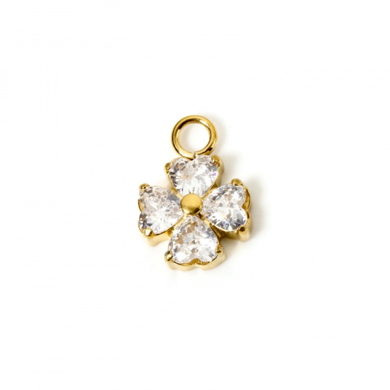Immagine di 1 Pz Placcatura Sottovuoto PVD Ecologica 304 Acciaio Inossidabile Ciondoli Foglia di Trifoglio 14K Vero Oro Placcato Trasparente Cubic Zirconiae 13mm x 9.5mm