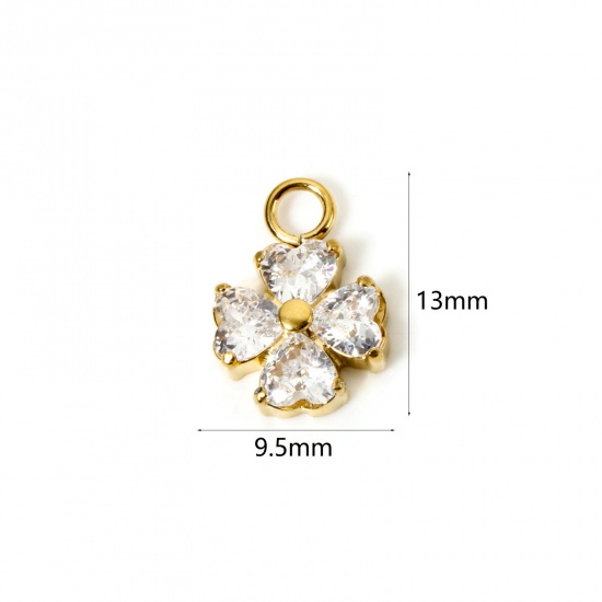 Immagine di 1 Pz Placcatura Sottovuoto PVD Ecologica 304 Acciaio Inossidabile Ciondoli Foglia di Trifoglio 14K Vero Oro Placcato Trasparente Cubic Zirconiae 13mm x 9.5mm