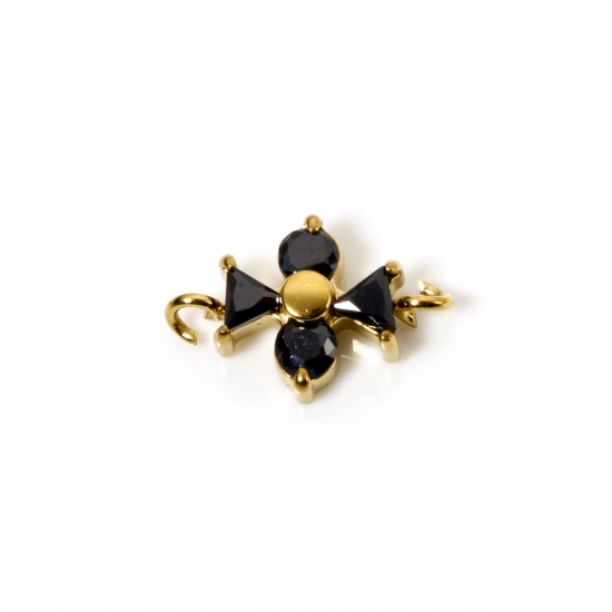 Immagine di 1 Pz Placcatura Sottovuoto PVD Ecologica 304 Acciaio Inossidabile Pendenti Charms Connettori Croce 14K Vero Oro Placcato Nero Cubic Zirconiae 14mm x 9mm