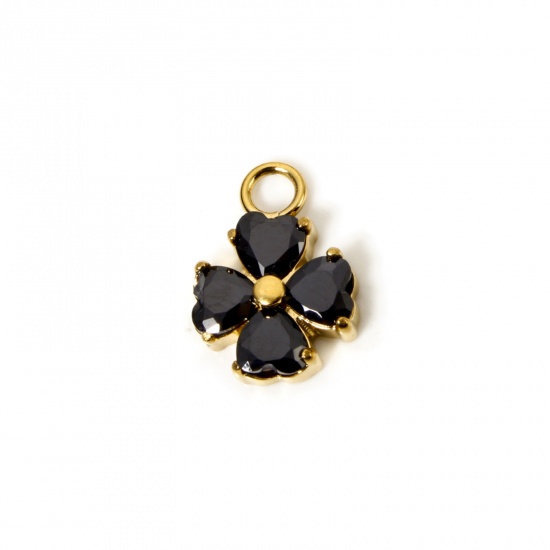 Immagine di 1 Pz Placcatura Sottovuoto PVD Ecologica 304 Acciaio Inossidabile Ciondoli Foglia di Trifoglio 14K Vero Oro Placcato Nero Cubic Zirconiae 13mm x 9.5mm