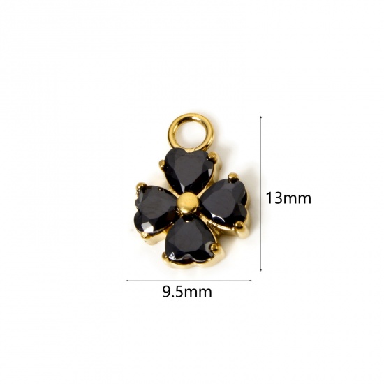 Immagine di 1 Pz Placcatura Sottovuoto PVD Ecologica 304 Acciaio Inossidabile Ciondoli Foglia di Trifoglio 14K Vero Oro Placcato Nero Cubic Zirconiae 13mm x 9.5mm