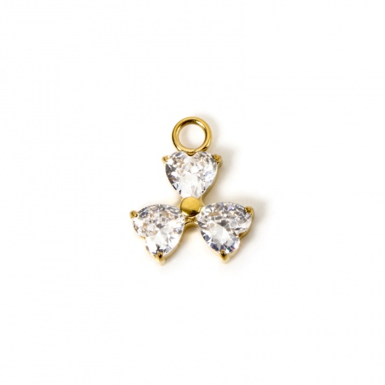 Immagine di 1 Pz Placcatura Sottovuoto PVD Ecologica 304 Acciaio Inossidabile Ciondoli Trifoglio 14K Vero Oro Placcato Trasparente Cubic Zirconiae 14.5mm x 12mm