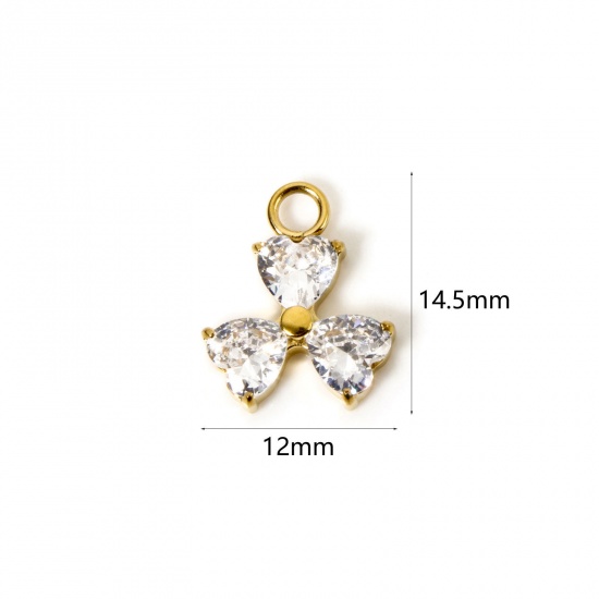 Immagine di 1 Pz Placcatura Sottovuoto PVD Ecologica 304 Acciaio Inossidabile Ciondoli Trifoglio 14K Vero Oro Placcato Trasparente Cubic Zirconiae 14.5mm x 12mm