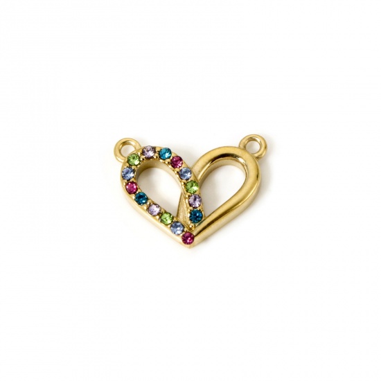 Bild von 1 Stück Umweltfreundliche PVD-Vakuumbeschichtung 304 Edelstahl Valentinstag Steckverbinder Charms Anhänger Herz 14K Echtgold plattiert Bunt mit Zirkon 16mm x 13mm