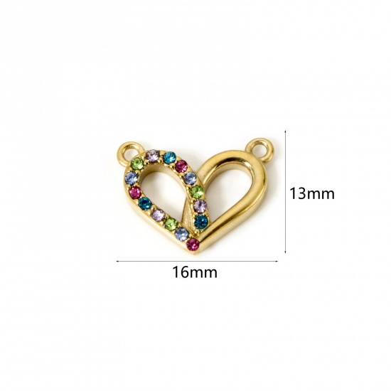 Bild von 1 Stück Umweltfreundliche PVD-Vakuumbeschichtung 304 Edelstahl Valentinstag Steckverbinder Charms Anhänger Herz 14K Echtgold plattiert Bunt mit Zirkon 16mm x 13mm