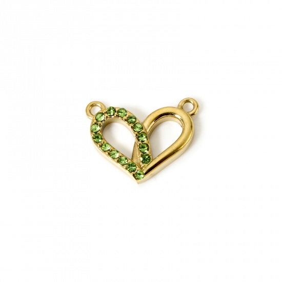 Bild von 1 Stück Umweltfreundliche PVD-Vakuumbeschichtung 304 Edelstahl Valentinstag Steckverbinder Charms Anhänger Herz 14K Echtgold plattiert Grün mit Zirkon 16mm x 13mm