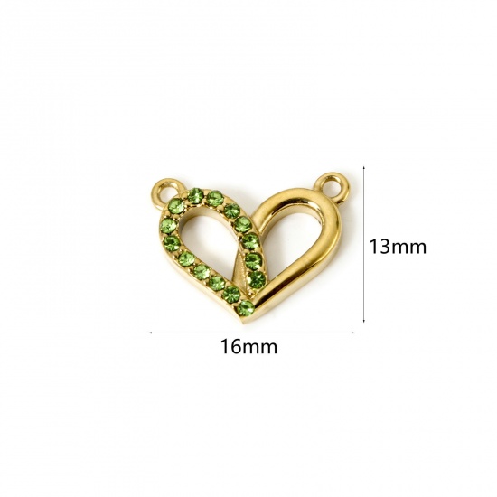 Bild von 1 Stück Umweltfreundliche PVD-Vakuumbeschichtung 304 Edelstahl Valentinstag Steckverbinder Charms Anhänger Herz 14K Echtgold plattiert Grün mit Zirkon 16mm x 13mm