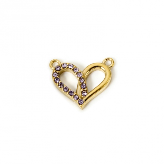 Bild von 1 Stück Umweltfreundliche PVD-Vakuumbeschichtung 304 Edelstahl Valentinstag Steckverbinder Charms Anhänger Herz 14K Echtgold plattiert Helllila mit Zirkon 16mm x 13mm