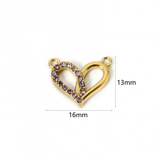 Bild von 1 Stück Umweltfreundliche PVD-Vakuumbeschichtung 304 Edelstahl Valentinstag Steckverbinder Charms Anhänger Herz 14K Echtgold plattiert Helllila mit Zirkon 16mm x 13mm