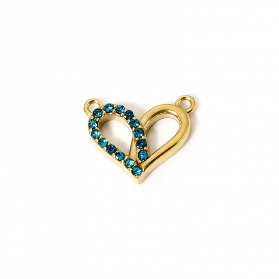 Bild von 1 Stück Umweltfreundliche PVD-Vakuumbeschichtung 304 Edelstahl Valentinstag Steckverbinder Charms Anhänger Herz 14K Echtgold plattiert Azurblau mit Zirkon 16mm x 13mm