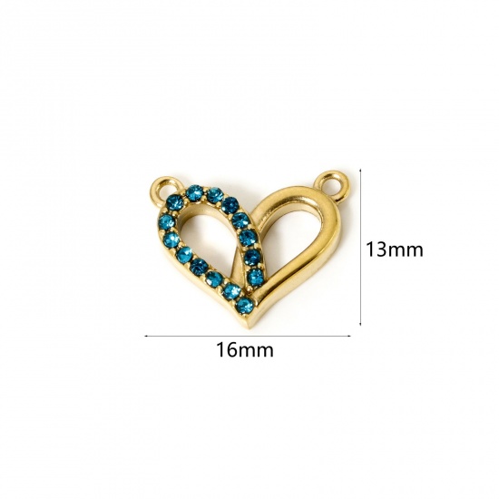 Bild von 1 Stück Umweltfreundliche PVD-Vakuumbeschichtung 304 Edelstahl Valentinstag Steckverbinder Charms Anhänger Herz 14K Echtgold plattiert Azurblau mit Zirkon 16mm x 13mm