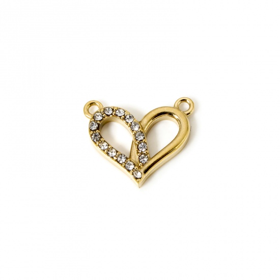 Bild von 1 Stück Umweltfreundliche PVD-Vakuumbeschichtung 304 Edelstahl Valentinstag Steckverbinder Charms Anhänger Herz 14K Echtgold plattiert Transparent mit Zirkon 16mm x 13mm