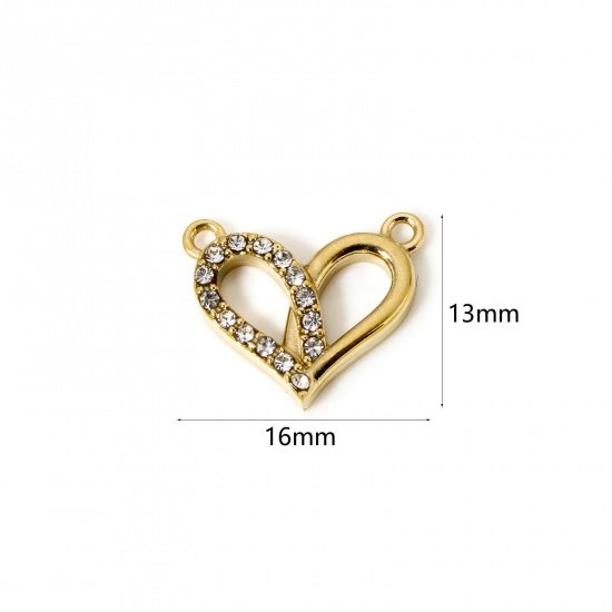 Bild von 1 Stück Umweltfreundliche PVD-Vakuumbeschichtung 304 Edelstahl Valentinstag Steckverbinder Charms Anhänger Herz 14K Echtgold plattiert Transparent mit Zirkon 16mm x 13mm